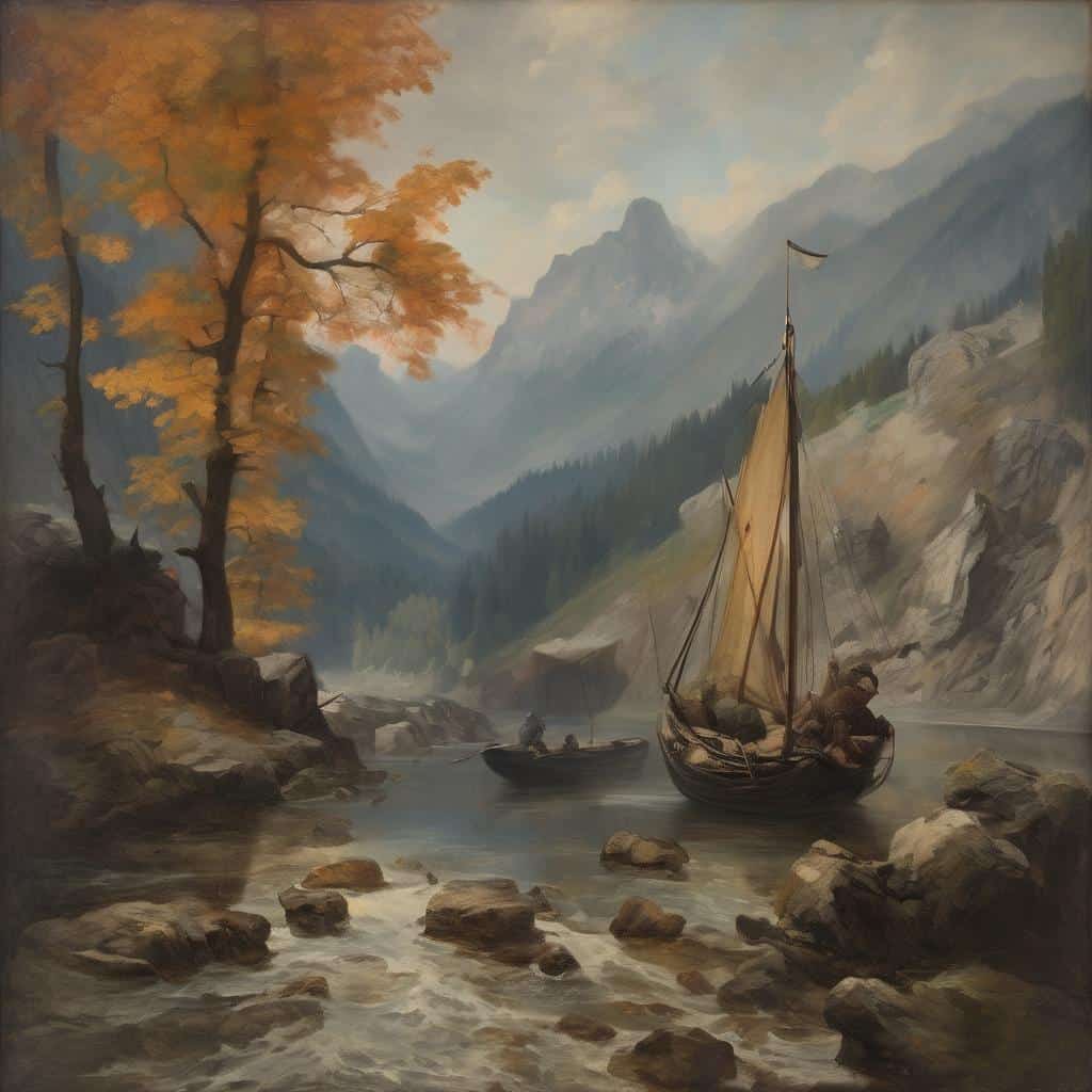 Φωτογραφία τοπίου με άγρια φύση, βάρκες και βουνά, εμπνευσμένο από την τέχνη και το περιβάλλον.