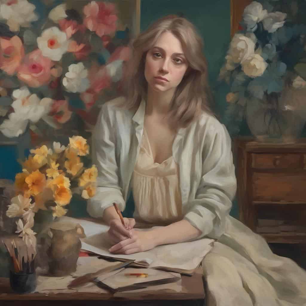 Νεαρή γυναίκα ζωγραφίζει σε καμβά, περιβαλλοντικά μηνύματα και τέχνη με φυσικά στοιχεία.