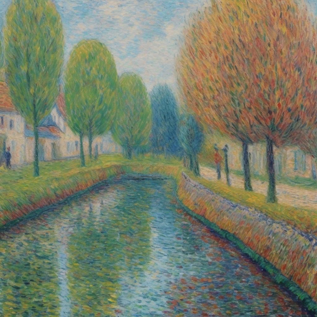 Ουλία με δέντρα και ποτάμι σε ζωγραφιά εμπνευσμένη από την περιβαλλοντική τέχνη.