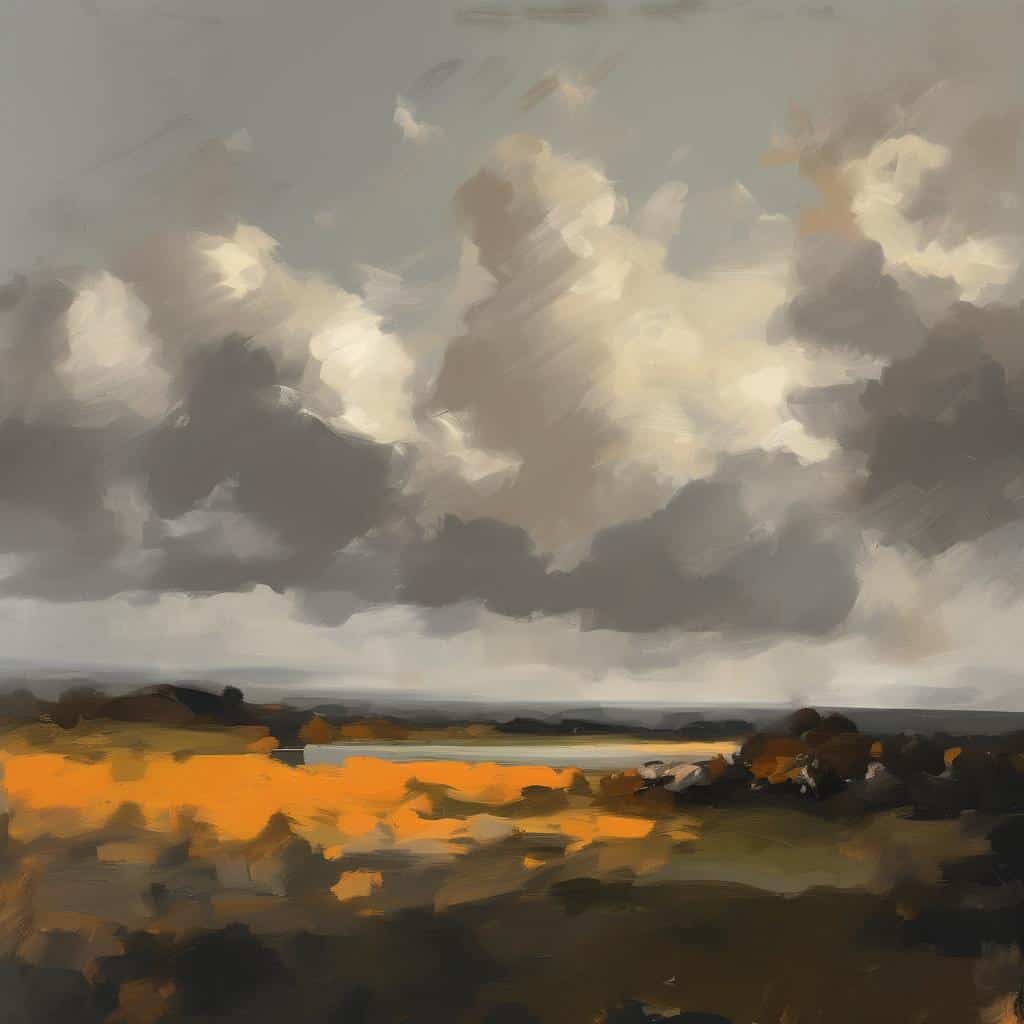 Ουρανός με συννεφιά και τοπίο με προειδοποιητικά χρώματα, τέχνη με μήνυμα για το περιβάλλον.